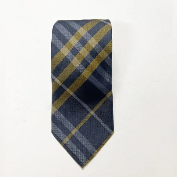 Burberry London Mens Designer Luxury Navy Blue Gold Plaid Silk Tie - Picture 1 of 8